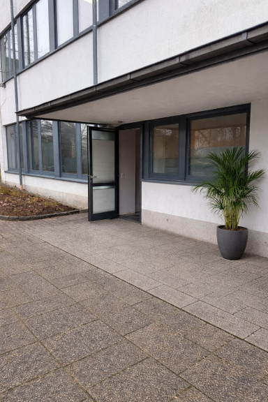 Eingang zu einem modernen Gebäude mit einer Pflanze in einem Topf.
