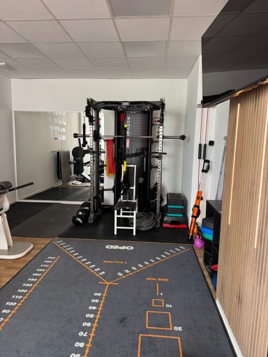 Fitnessraum mit Trainingsgeräten, Matte und verschiedenen Zubehörteilen.